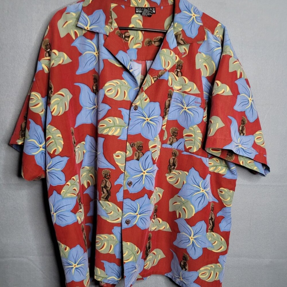 Montage Hawaiian Shirt Mens 3XLarge Red Hibiscus Floral Microfiber Button Down